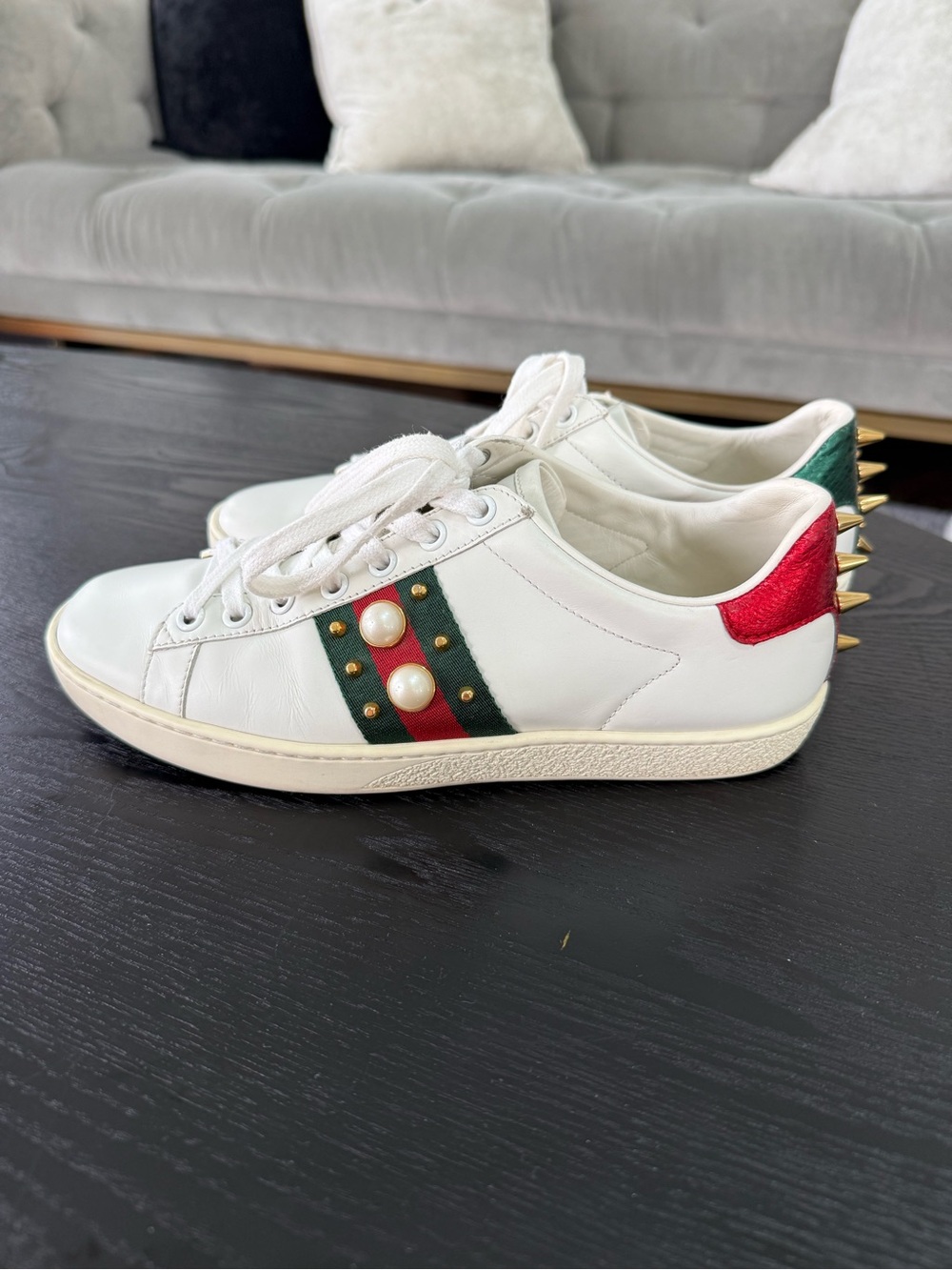 Gucci Ace Pearl & Spike Leather Sneakers – White/Red/Green – Women’s Size 7.5